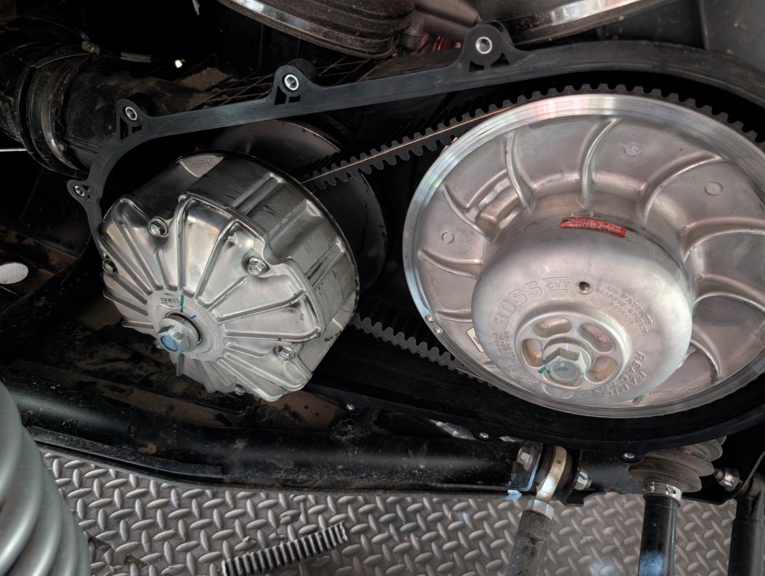 Clean CFMOTO CVT clutch system with replacement belt installed