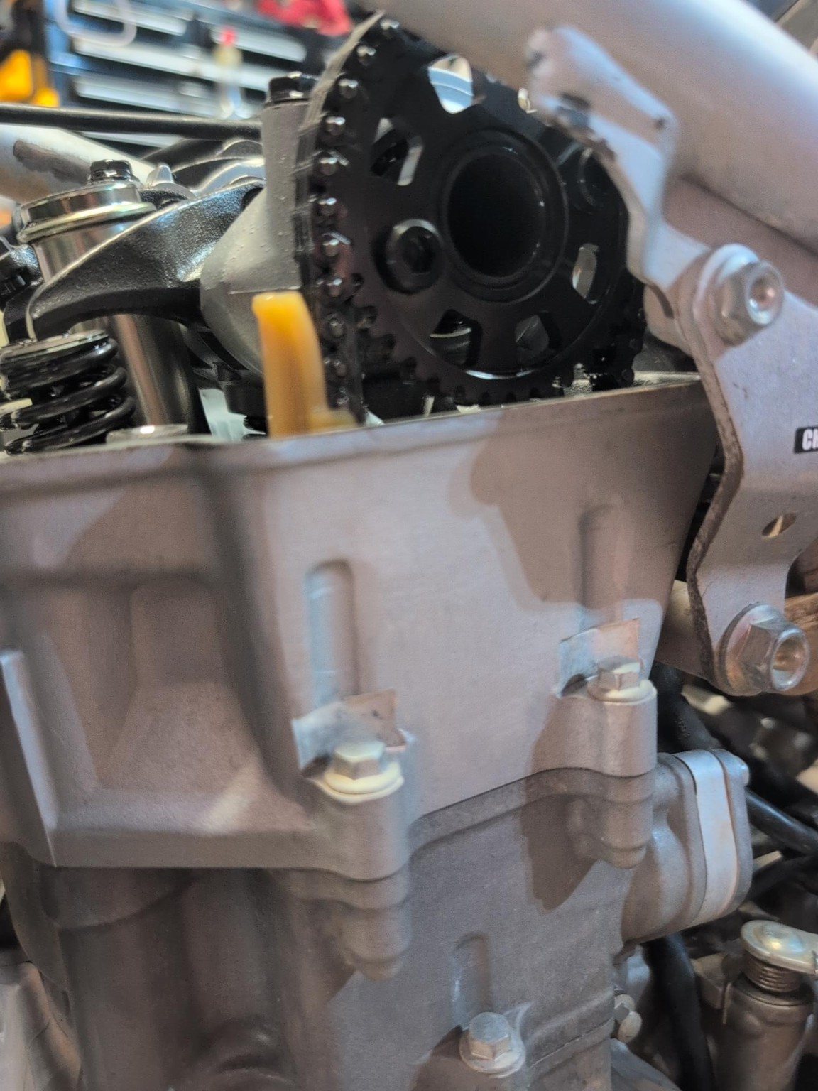 Honda TRX450 cam and timing components exposed for inspection